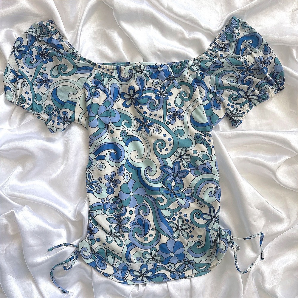 B.Wear Blue Psychedelic Floral Off The Shoulder Ruched Mesh Top Retro Y2K Medium